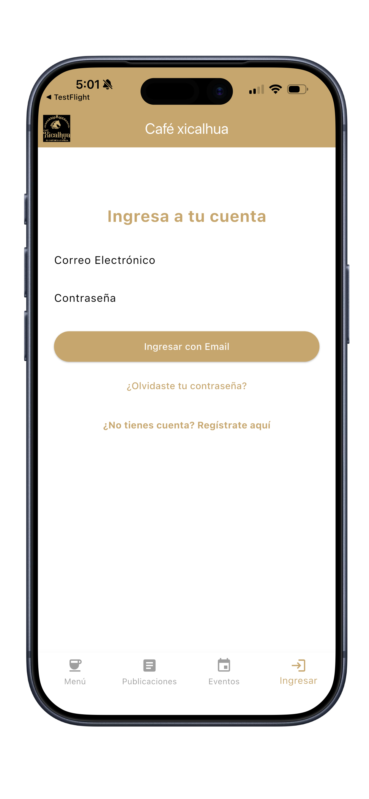 Pantalla de eventos de la app